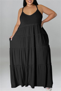 Black Sexy Casual Plus Size Solid Patchwork Backless Spaghetti Strap Long Dress