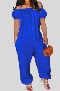 Blue Casual Solid Patchwork Off the Shoulder Loose Jumpsuits