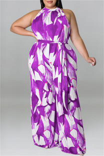 Purple Fashion Casual Print Patchwork O Neck Plus Size Jumpsuits