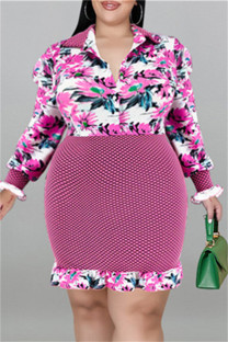 Purple Fashion Casual Print Patchwork Turndown Collar Long Sleeve Dresses