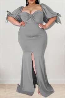 Grey Fashion Sexy Plus Size Solid Backless Slit Square Collar Evening Dress
