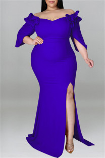 Blue Fashion Sexy Plus Size Solid Patchwork Slit Off the Shoulder Evening Dress