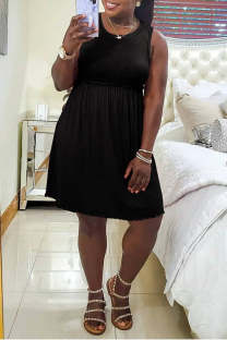 Black Casual Solid Patchwork U Neck Cake Skirt Dresses