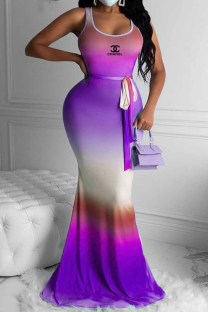 Purple Fashion Elegant Gradual Change Print Backless Letter U Neck One Step Skirt Dresses