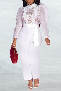 White Sexy Solid Patchwork See-through Half A Turtleneck Straight Jumpsuits
