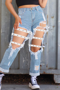 Light Blue Sexy Street Solid Hollowed Out Make Old Patchwork High Waist Denim Jeans