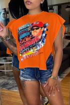 Tangerine Red Sexy Street Print Patchwork Slit Asymmetrical O Neck T-Shirts