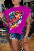 Rose Red Sexy Street Print Patchwork Slit Asymmetrical O Neck T-Shirts