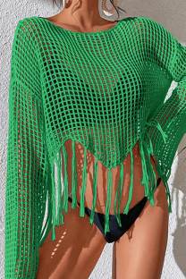 Green Sexy Solid Tassel Hollowed Out Patchwork Swimwears Cover Up