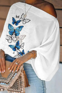 White Blue Fashion Casual Print Patchwork Off the Shoulder Tops