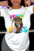 White Casual Print Patchwork O Neck T-Shirts