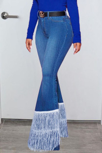 Medium Blue Casual Street Solid Tassel Patchwork High Waist Denim Jeans
