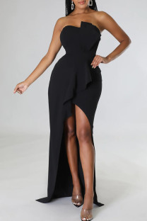 Black Sexy Solid Patchwork Asymmetrical Strapless Evening Dress Dresses