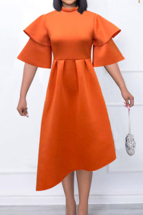 Tangerine Red Elegant Solid Patchwork Flounce O Neck Evening Dress Dresses