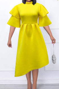 Yellow Elegant Solid Patchwork Flounce O Neck Evening Dress Dresses
