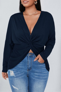 Deep Blue Fashion Casual Solid Patchwork V Neck Plus Size Tops