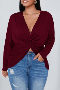 Burgundy Fashion Casual Solid Patchwork V Neck Plus Size Tops