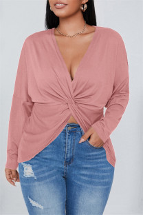 Pink Fashion Casual Solid Patchwork V Neck Plus Size Tops