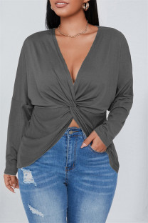 Dark Gray Fashion Casual Solid Patchwork V Neck Plus Size Tops