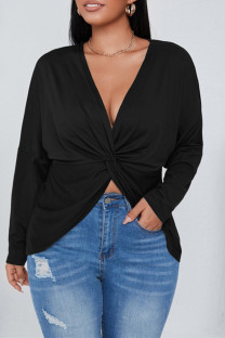 Black Fashion Casual Solid Patchwork V Neck Plus Size Tops