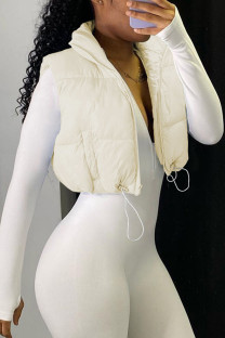 White Casual Solid Patchwork Zipper Turtleneck Tops