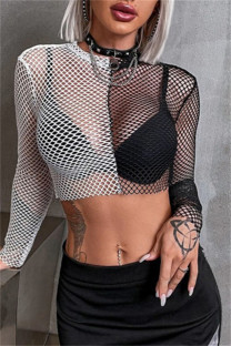 Black White Fashion Sexy Solid Hollowed Out Patchwork See-through O Neck Tops