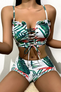Green Sexy Print Bandage Hollowed Out Patchwork Stringy Selvedge Swimwears