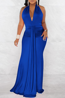 Blue Fashion Sexy Solid Bandage Patchwork Backless Fold Halter Long Dress