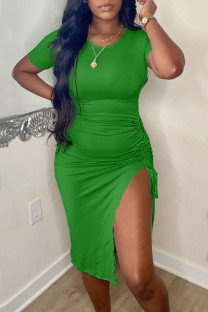 Green Fashion Casual Solid Draw String Frenulum Slit O Neck Short Sleeve Dress