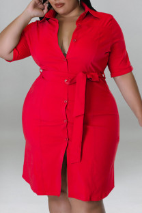 Red Casual Solid Patchwork Buckle Turndown Collar Straight Plus Size Dresses