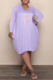 Purple Fashion Print Patchwork O Neck Straight Plus Size Dresses