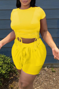 Yellow Fashion Solid Draw String O Neck Short Sleeve Two Pieces