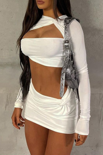 White Sexy Solid Patchwork O Neck Long Sleeve Two Pieces