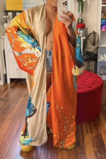 Orange Apricot Fashion Print Patchwork Cardigan Collar Outerwear(Without belt)