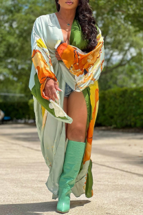 Light Green Fashion Print Patchwork Cardigan Collar Outerwear(Without belt)