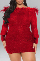 Red Sexy Solid Sequins Patchwork Feathers Off the Shoulder Pencil Skirt Dresses