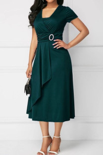 Green Casual Solid Patchwork V Neck A Line Dresses