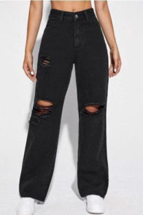 Black Fashion Casual Solid Ripped High Waist Straight Denim Jeans