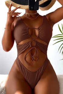 Coffee Fashion Sexy Solid Bandage Hollowed Out Swimwears (With Paddings)