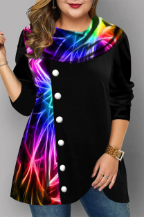 Black Casual Print Patchwork O Neck Plus Size Tops