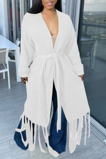 White Casual Solid Tassel V Neck Outerwear