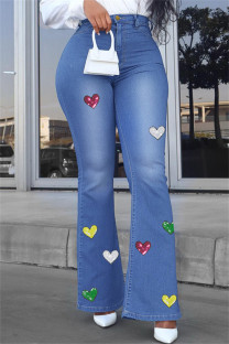 Blue Casual Print Patchwork High Waist Regular Denim Jeans