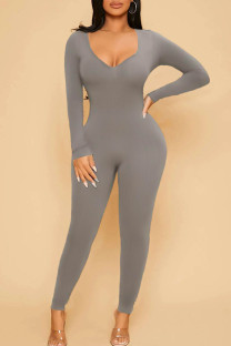 Grey Sexy Sportswear Solid Patchwork V Neck Plus Size Jumpsuits