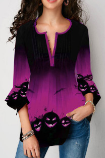 Purple Casual Street Print Patchwork O Neck Tops