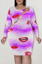 Purple Sexy Print Hollowed Out Patchwork O Neck Pencil Skirt Dresses