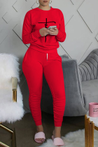Red Casual Print Fold O Neck Long Sleeve Two Pieces