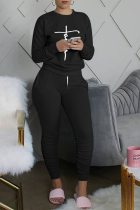 Black Casual Print Fold O Neck Long Sleeve Two Pieces