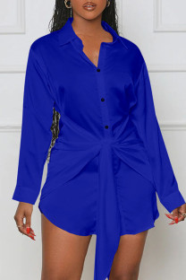 Colorful Blue Casual Solid Bandage Patchwork Buckle Turndown Collar Shirt Dress Dresses