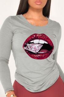 Grey Casual Lips Printed Patchwork O Neck Tops