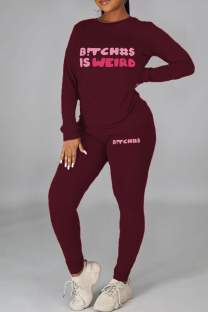 Burgundy Street Print Letter O Neck Long Sleeve Two Pieces